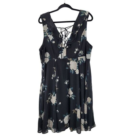 Torrid Baby Doll Skater Mini Dress Plus Sz 18 Black Floral Chiffon Lace-Up Back - Picture 7 of 12